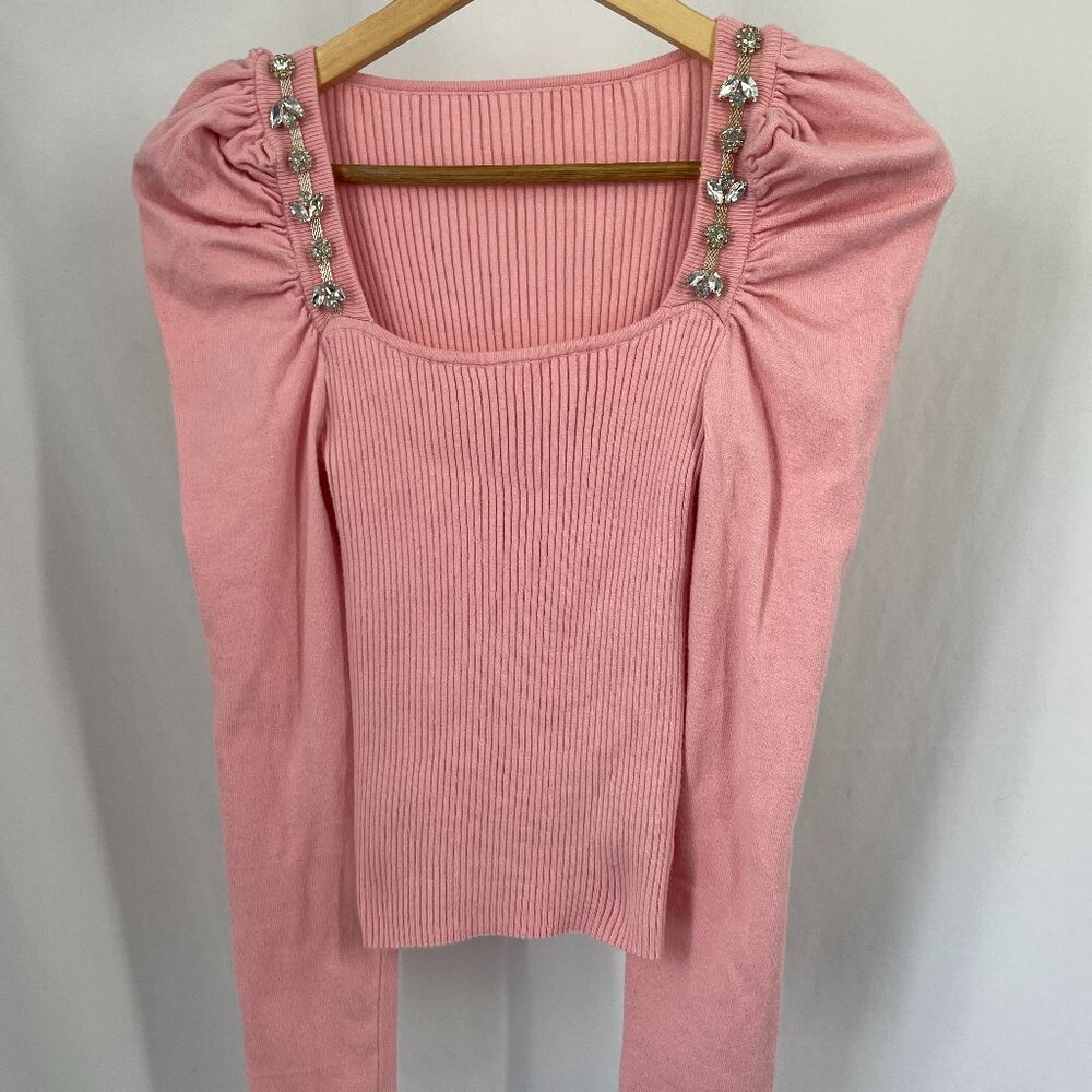 Shein Pastel Pink Ruffle Shoulder with Bling Crop Top Long Sleeve
